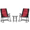 Outsunny 3 Piece Outdoor Patio Furniture Set with Glass Coffee Table & 2 Folding Padded Rocking Chairs, Bistro Style for Porch, Camping, Balcony, Red