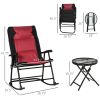 Outsunny 3 Piece Outdoor Patio Furniture Set with Glass Coffee Table & 2 Folding Padded Rocking Chairs, Bistro Style for Porch, Camping, Balcony, Red